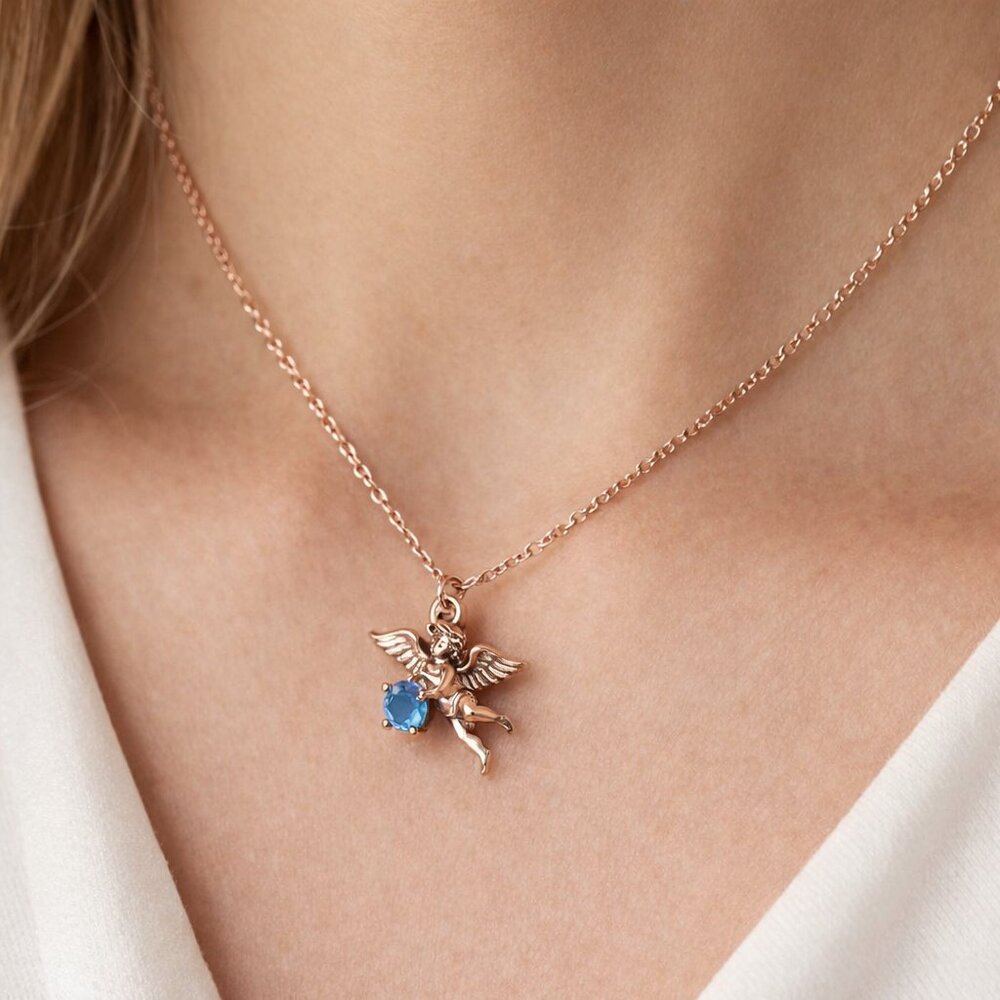 Sterling Silver Birthstone Angel March Aquamarine Stone
